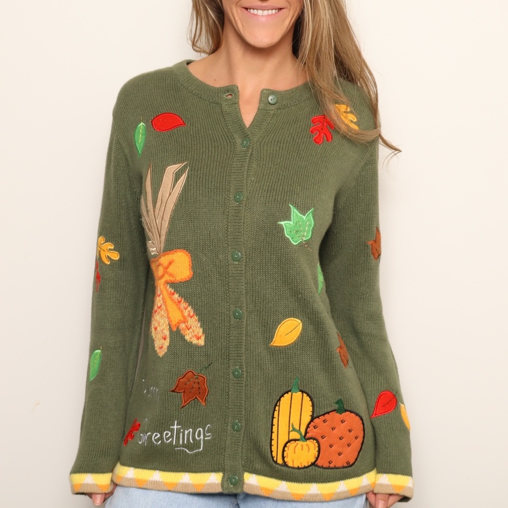 🍁Vintage Quacker Factory Green Autumn Cardigan with Leaf and Pumpkin Embroidery
